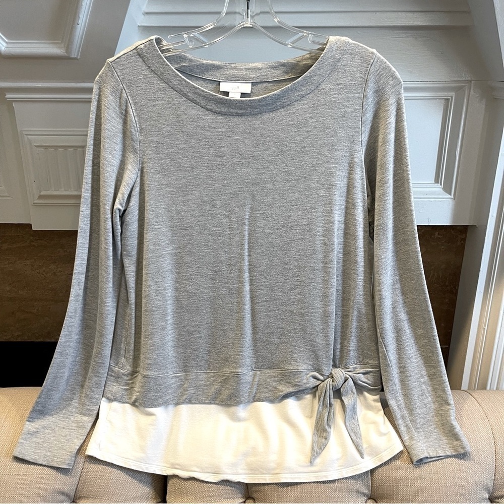 V: J Jill Shirt Womens XS Gray Long Sleeve Round Neck Tie Front 2 Hem Stretchy